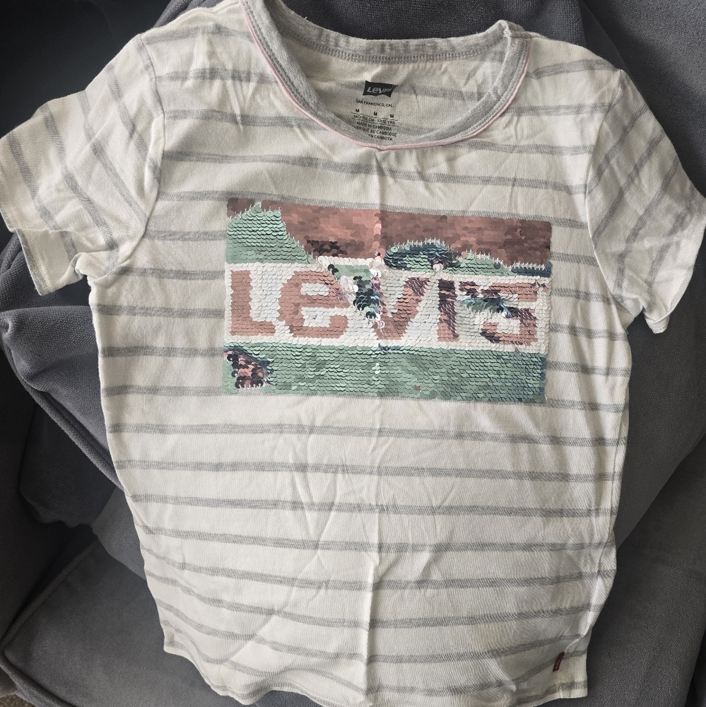 Levi's Kids White and Gray Striped Sequin T-Shirt